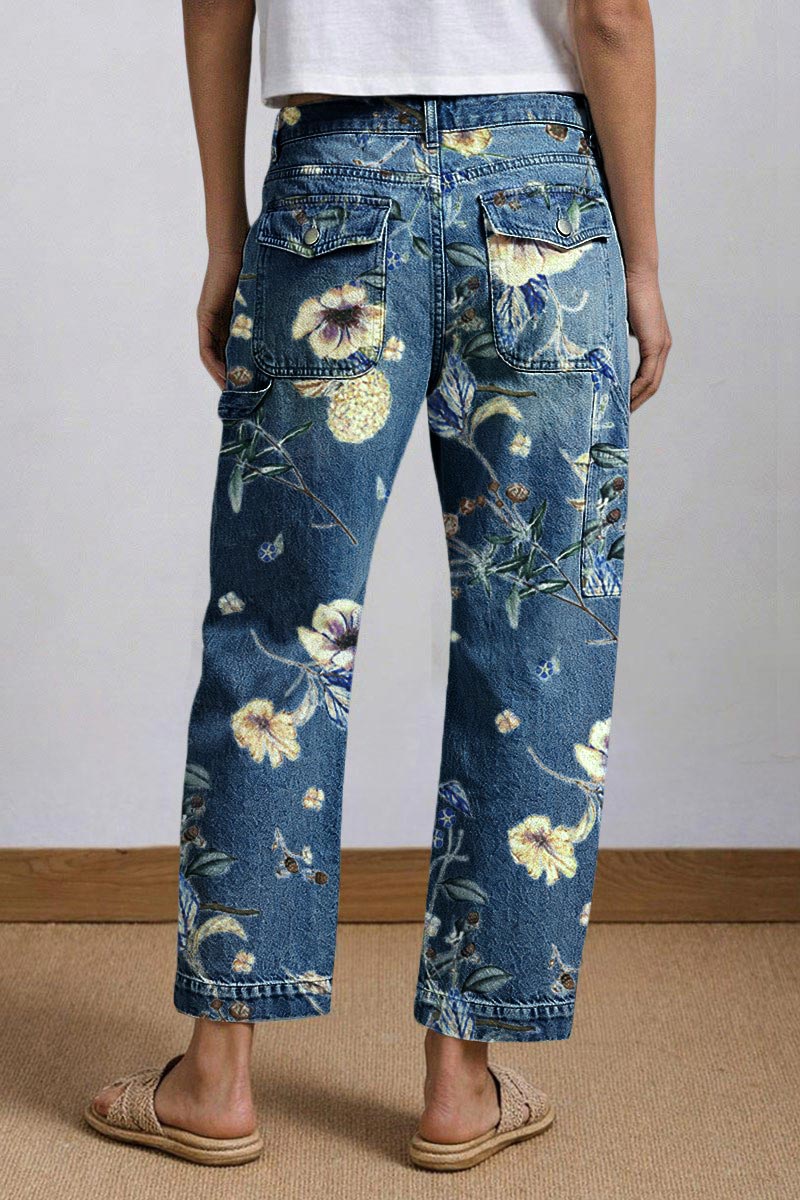 Wash Floral Print Flap Pocket Mid Rise Barrel Leg Crop Jeans