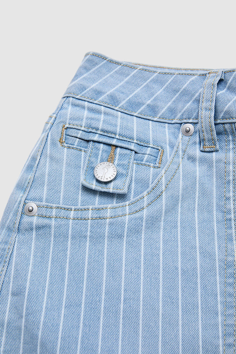 Striped Patch Pocket Roll Hem Mid Rise Denim Shorts Without Belt