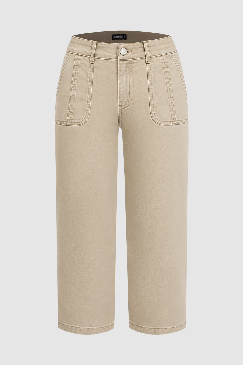 Solid Patch Pocket Mid Rise Straight Leg Crop Pants