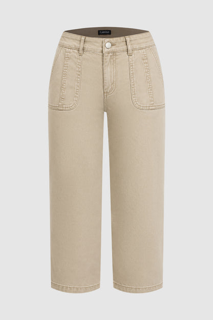 Solid Patch Pocket Mid Rise Straight Leg Crop Pants