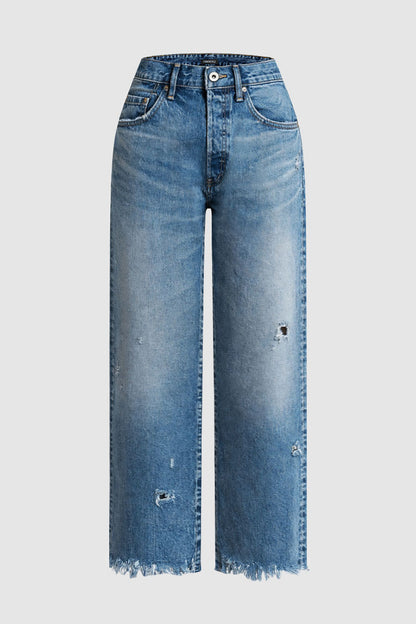 Wash Raw Hem Ripped Mid Rise Crop Straight Leg Jeans