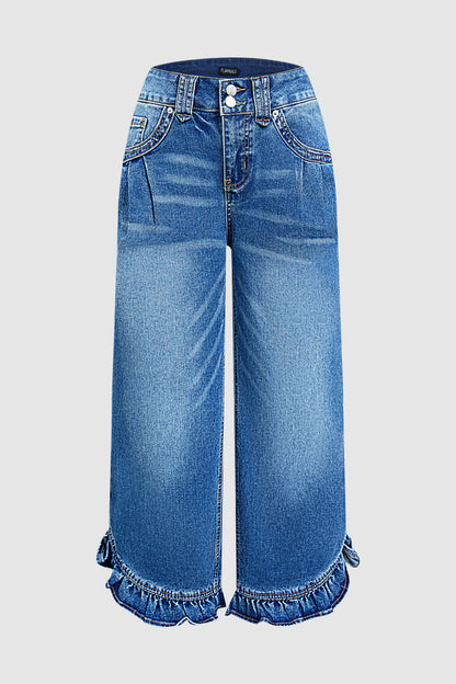 Wash Ruffle Split Hem High Waist Wide Leg Jeans Without Belt