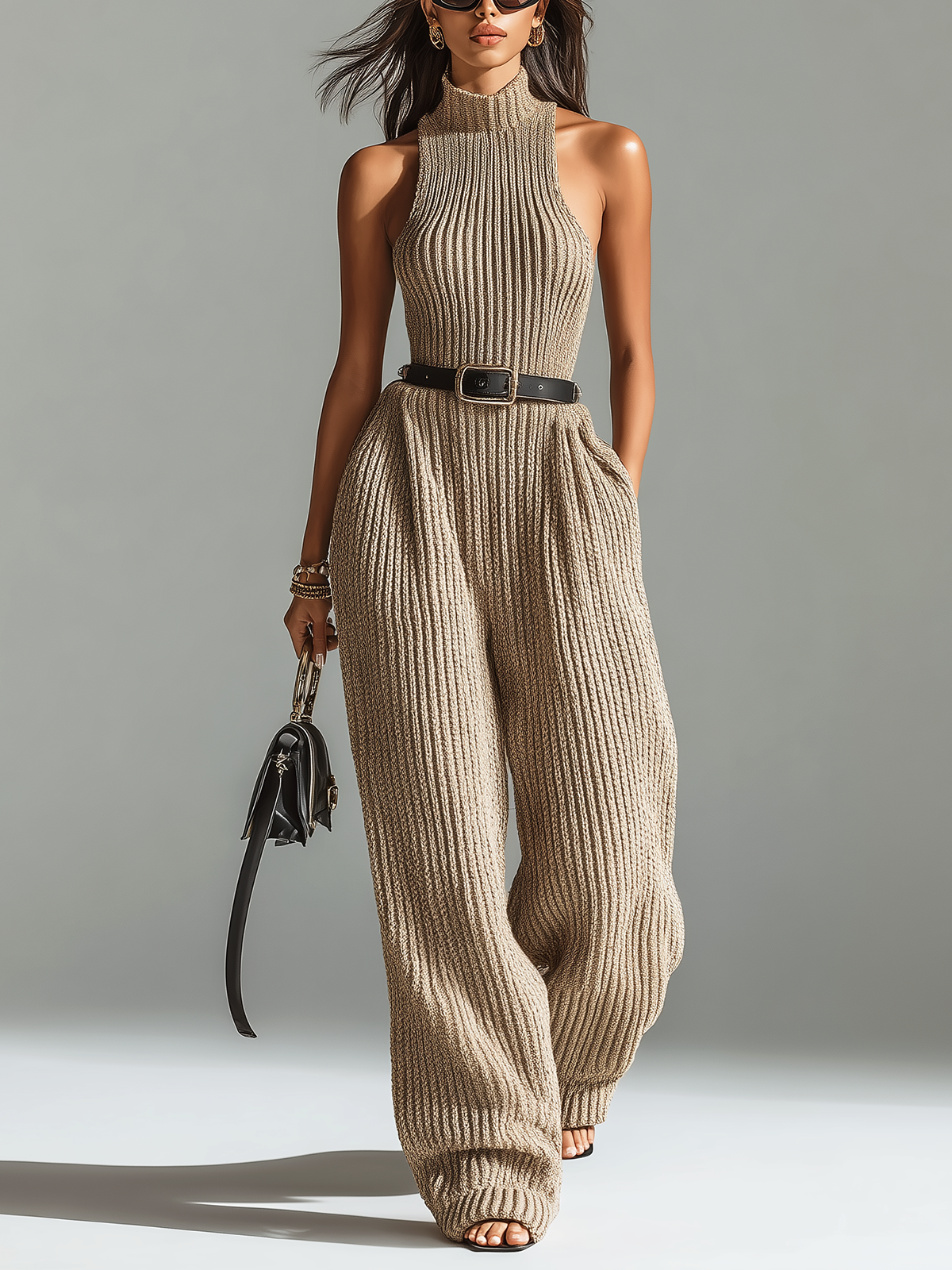 Chic Elegant Camel Mock-Neck Sleeveless Slim Fit Belted Waist Wide-Leg Ribbed Knit Jumpsuit