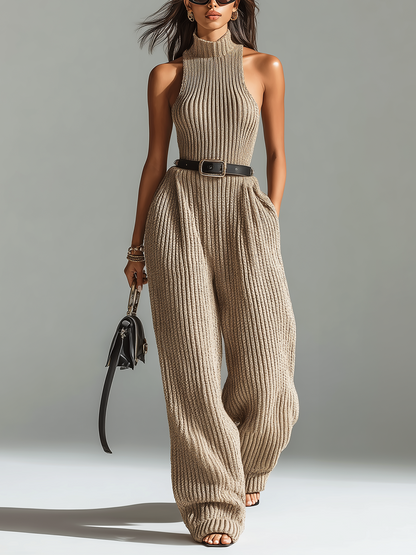Chic Elegant Camel Mock-Neck Sleeveless Slim Fit Belted Waist Wide-Leg Ribbed Knit Jumpsuit