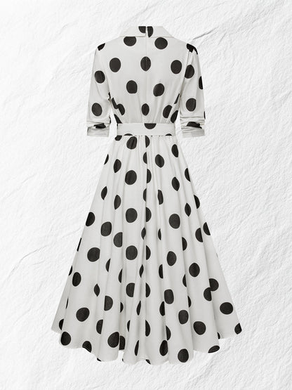 Robe midi en coton, manches mi-longues, col châle, à pois, boutonnée, style vintage français, blanche