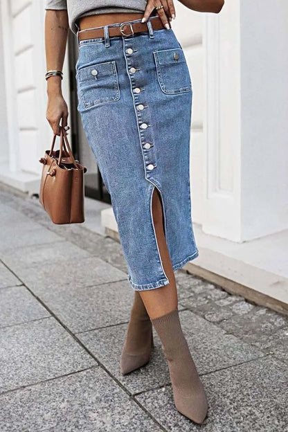 Wash Split Hem Button Up Midi Denim Skirt Without Belt