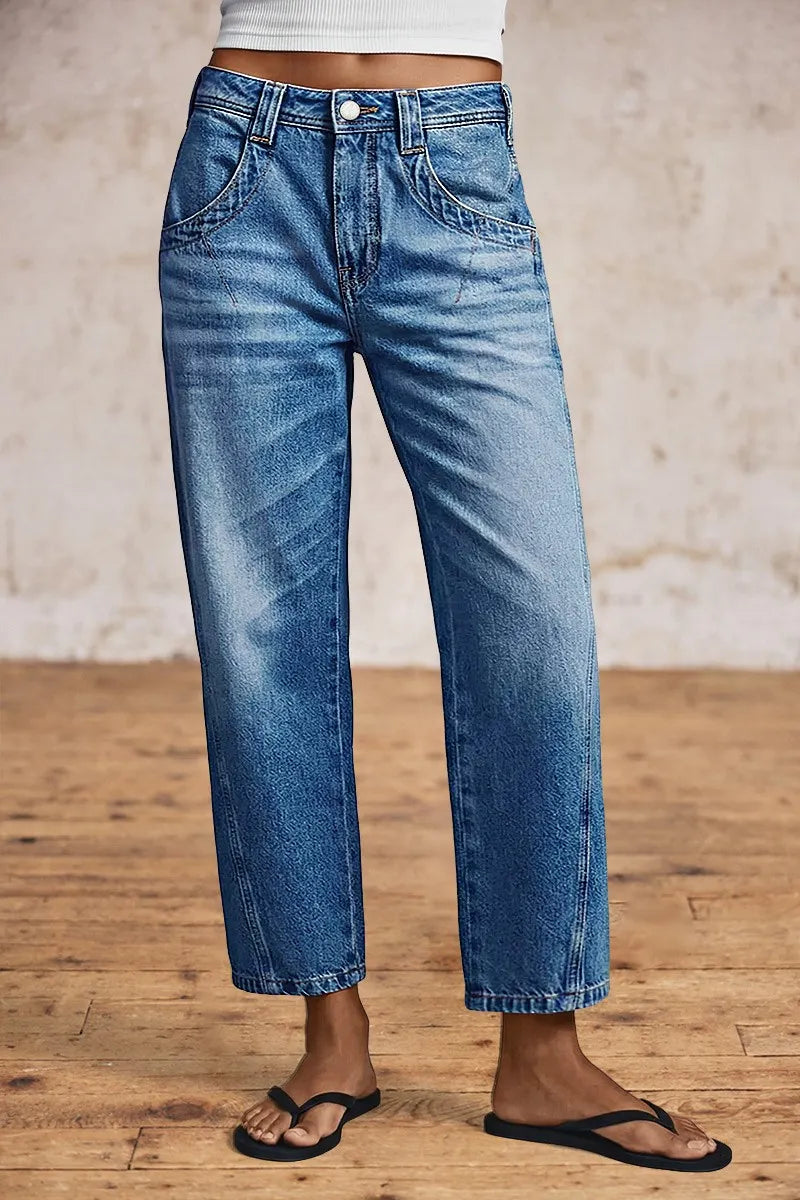 Wash Seam Detail Mid Rise Straight Leg Crop Jeans