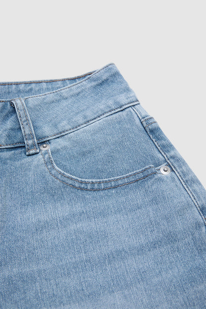 Wash Floral Embroidery High Waist Denim Bermuda Shorts