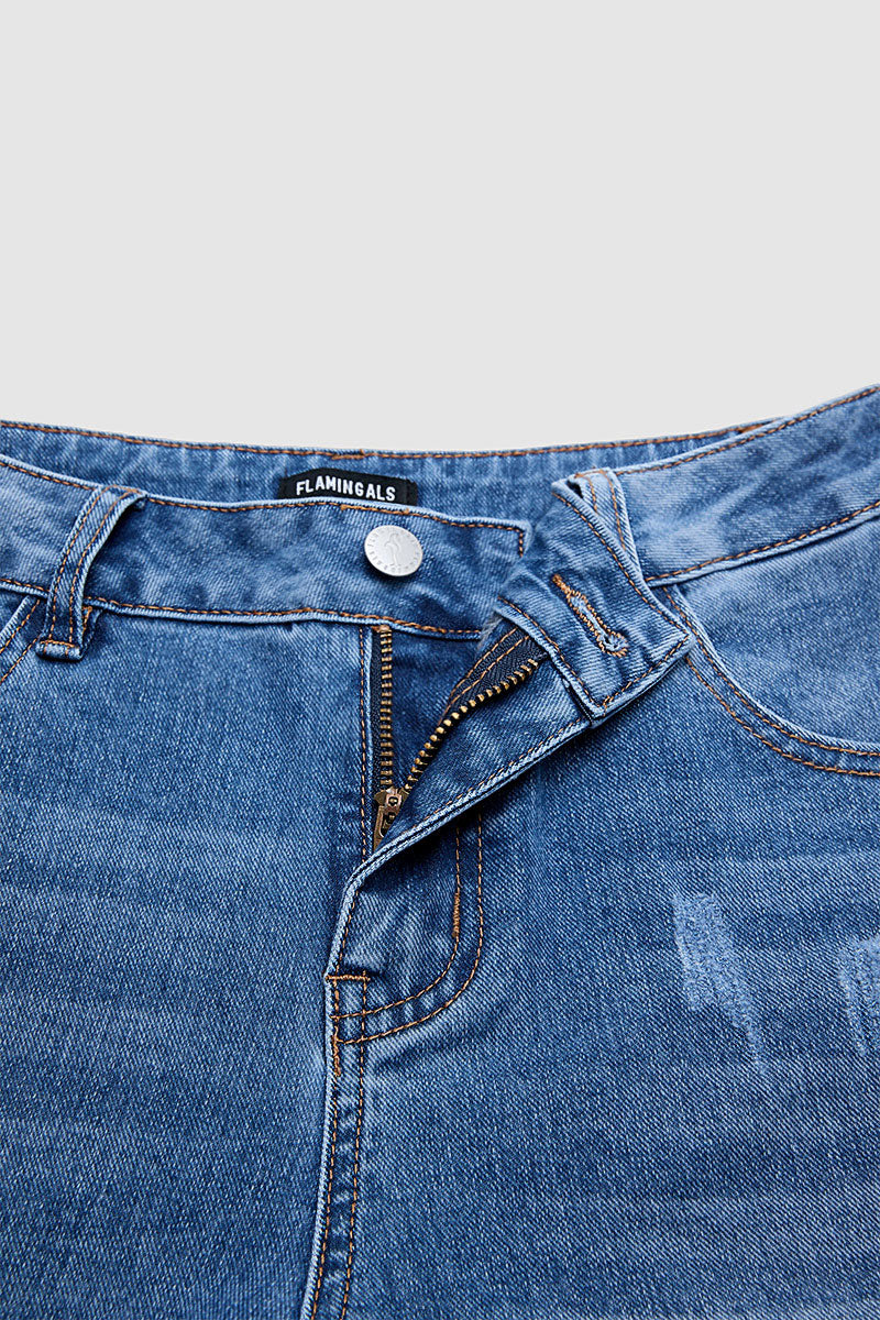 Wash Ripped Raw Hem Mid Rise Straight Leg Crop Jeans