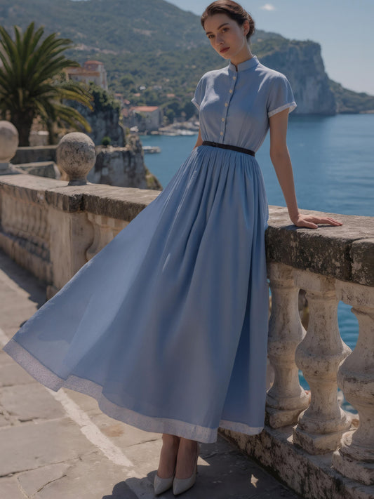 Robe longue en lin, manches courtes, col officier, unie, vintage, bleue