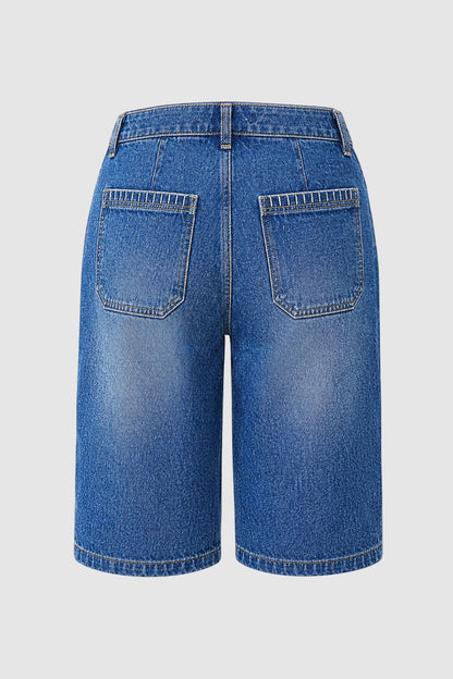 Wash Stitch Detail Patch Pocket High Rise Denim Bermuda Shorts