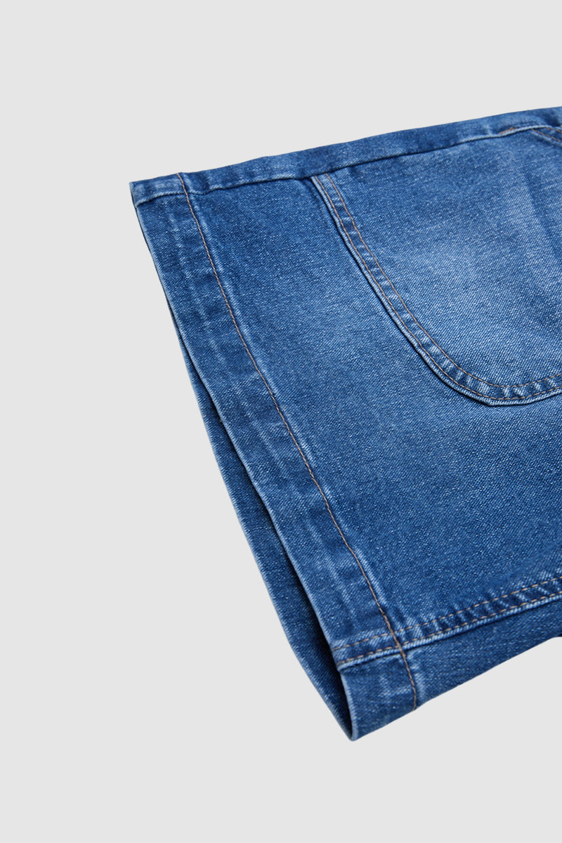 Wash Patch Pocket Drawstring High Rise Denim Shorts