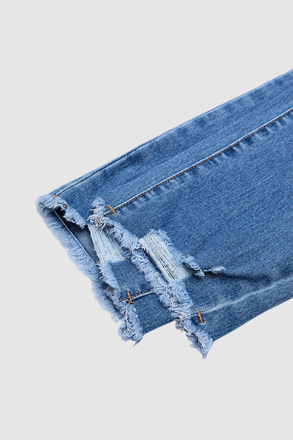 Wash Ripped Raw Hem Mid Rise Straight Leg Crop Jeans