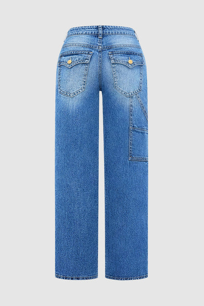 Stitch Detail Mid Waist Straight Leg Jeans