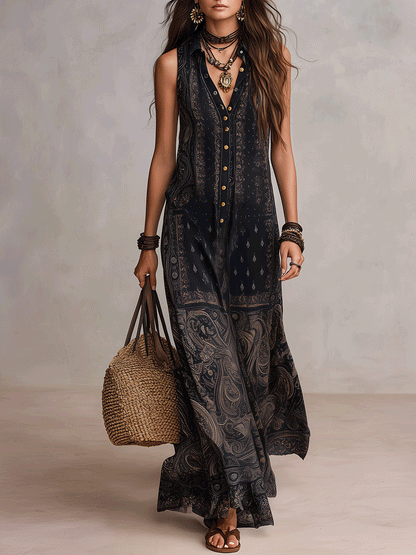 Élégante robe longue sans manches imprimé cachemire style bohème chic