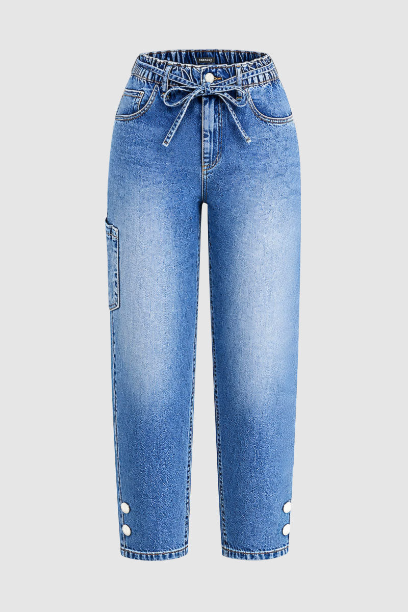 Patch Pocket Button Hem Belted Elastic Waistband Mid Rise Straight Leg Crop Jeans