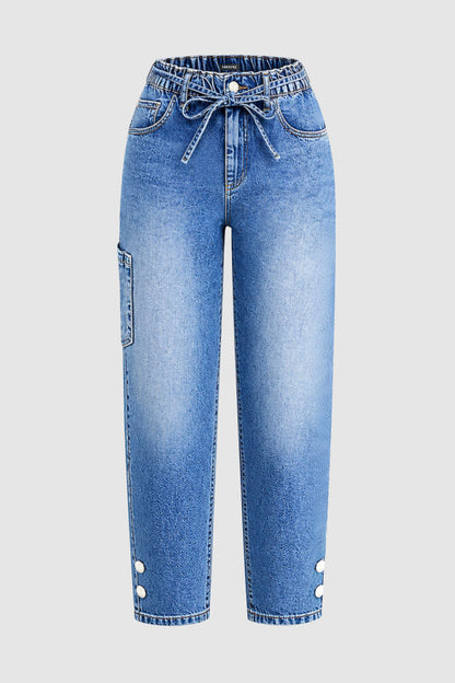 Patch Pocket Button Hem Belted Elastic Waistband Mid Rise Straight Leg Crop Jeans