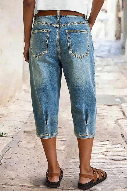 Wash Pleated Mid Rise Capri Tapered Jeans Without Belt