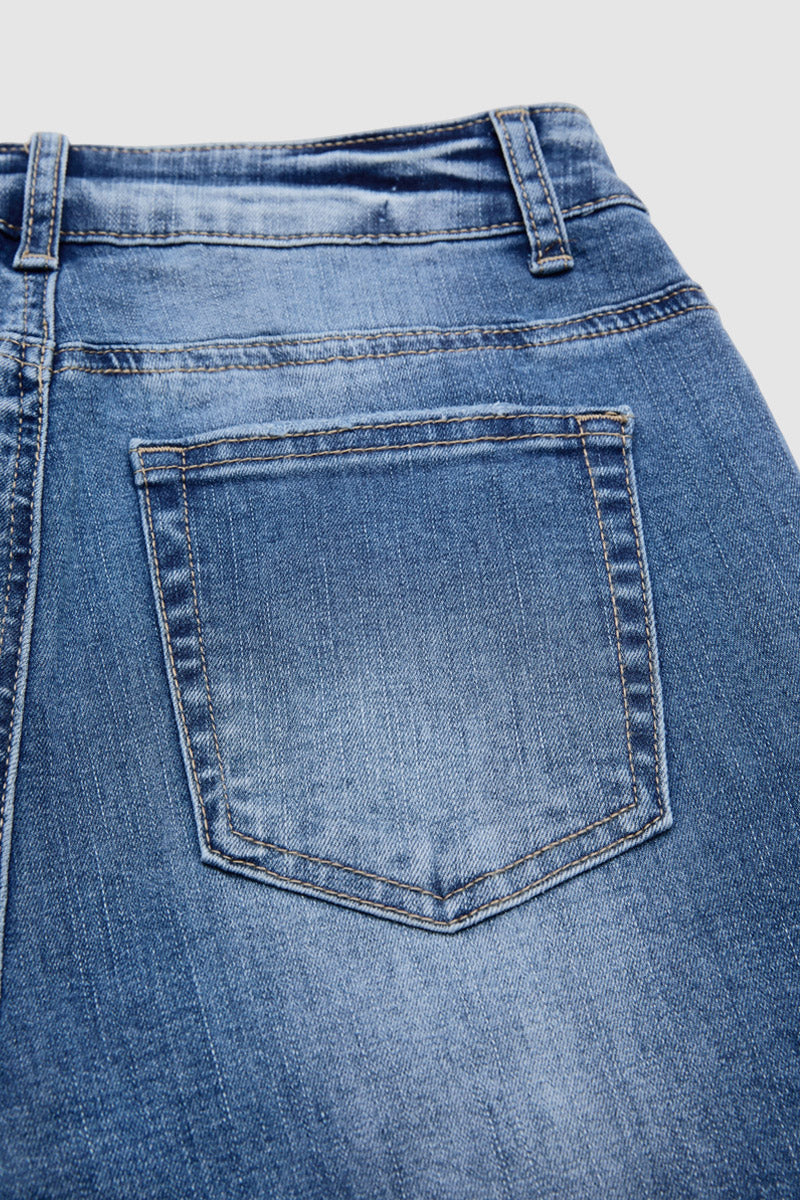 Button Tab Roll Hem Mid Waist Skinny Capri Jeans