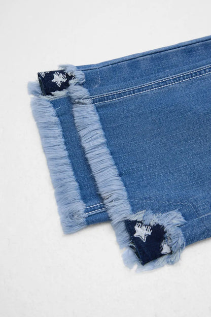 Star Embroidery Ripped Flap Pocket Raw Hem Mid Rise Capri Skinny Jeans