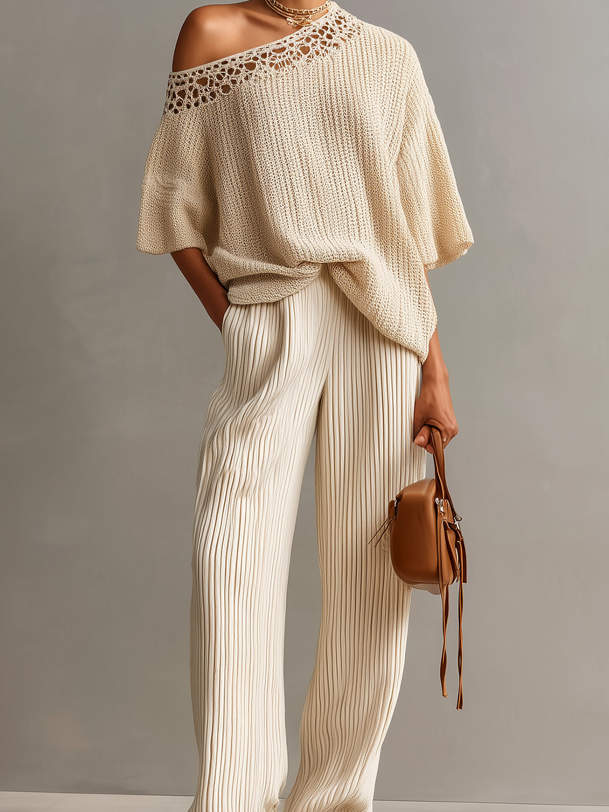 Chic Elegant Beige One Shoulder Short-Sleeve Lace Details Loose-Fit Sweater Wide-Leg Pants Ribbed Knit Two-Piece Set