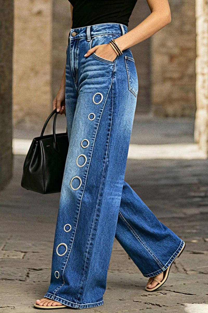 Wash Eyelet Decor High Rise Wide Leg Jeans
