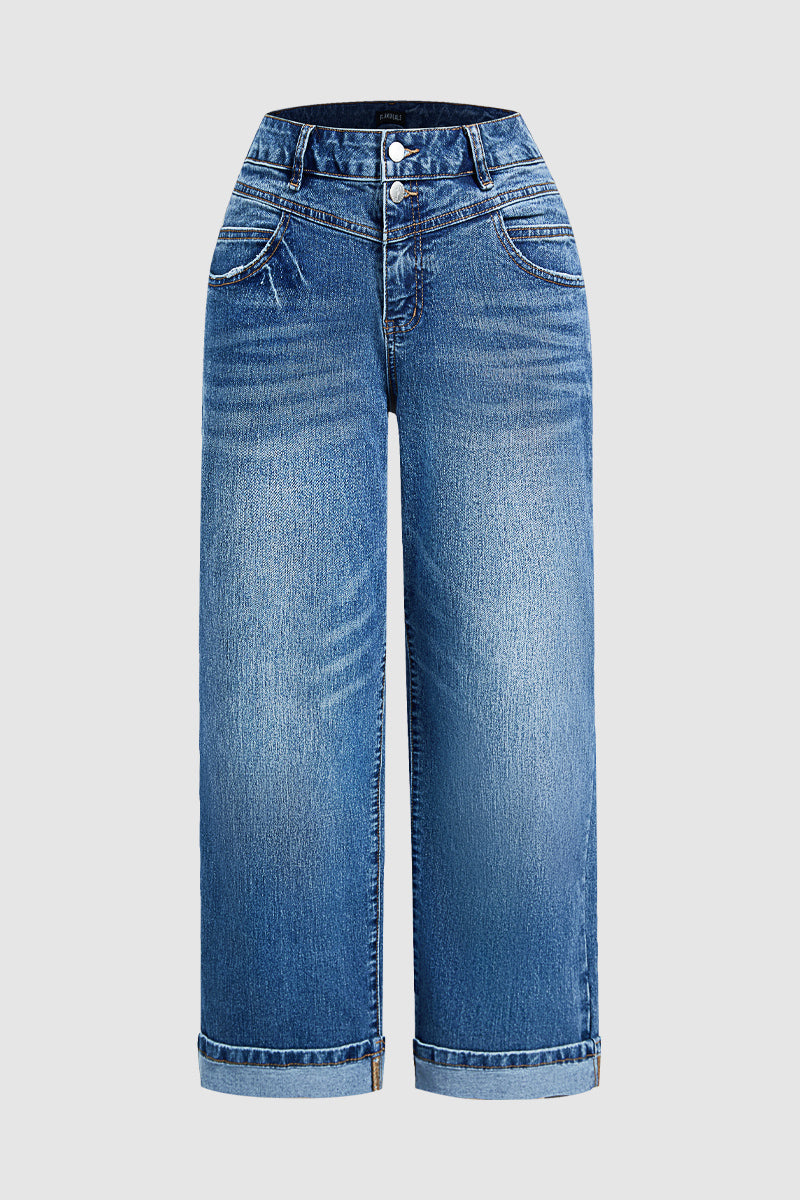 Wash Dual Button Mid Waist Straight Leg Crop Jeans