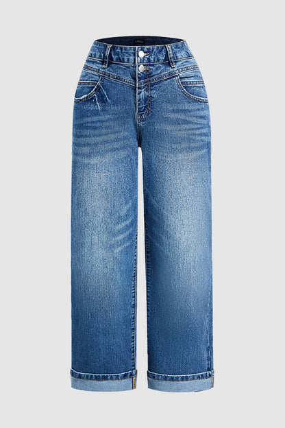 Wash Dual Button Mid Waist Straight Leg Crop Jeans