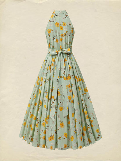 Robe midi en lin, sans manches, col licou, motifs floraux, poches, vacances, vintage, couleur aqua