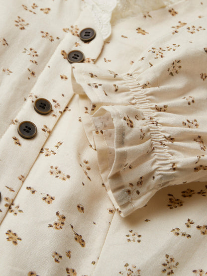 Robe longue en lin, manches longues, col en V, boutonnée, motif floral, couleur abricot