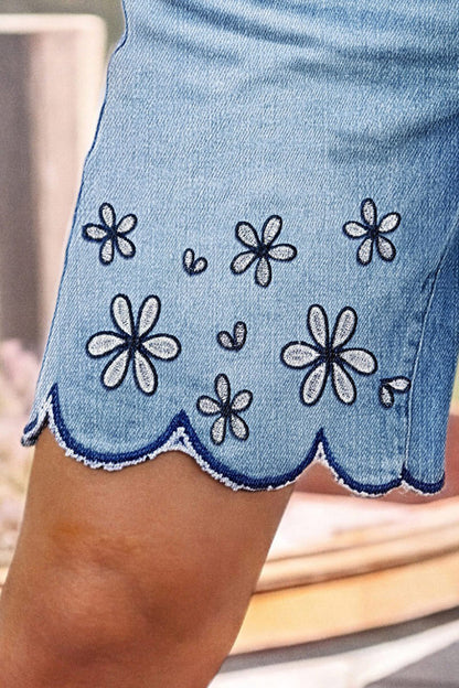 Floral Embroidery Scallop Trim Mid Rise Denim Bermuda Shorts