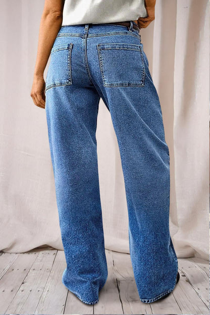 Valentine's Day Pattern Embroidered Patch Pocket Mid Rise Straight Leg Jeans Without Belt
