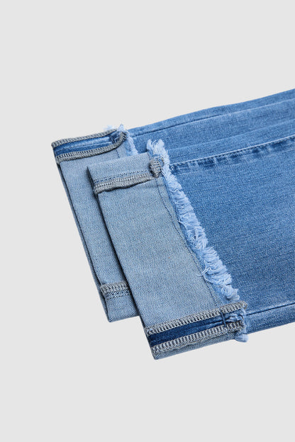 Roll & Raw Hem Criss Cross Mid Waist Straight Leg Capri Jeans
