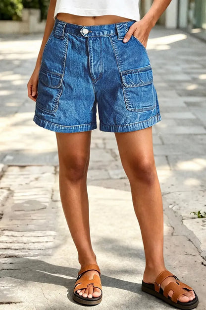Wash Flap Pocket Mid Rise Denim Shorts