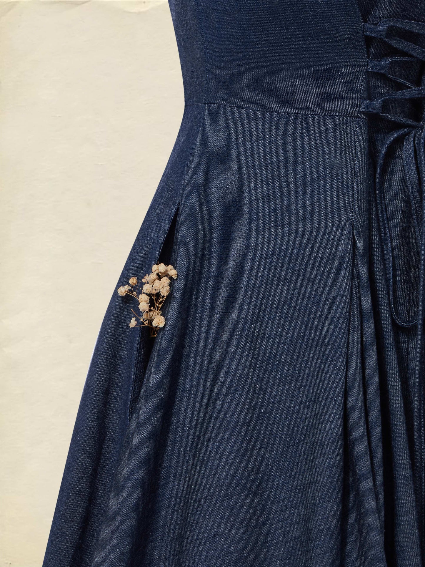 Robe longue en jean, Manches courtes, Encolure dégagée, Unie, Dentelle, Vintage, Bleu