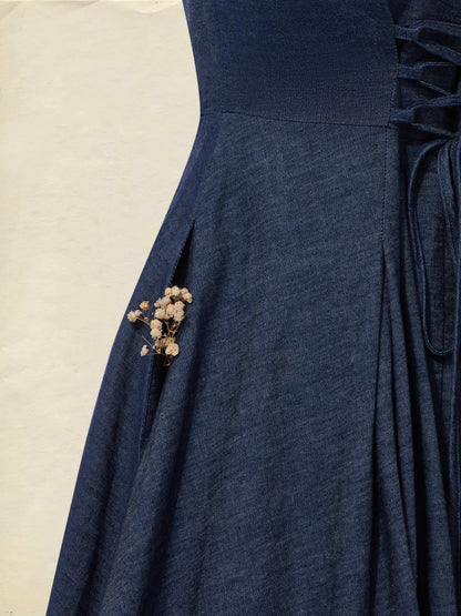 Robe longue en jean, Manches courtes, Encolure dégagée, Unie, Dentelle, Vintage, Bleu