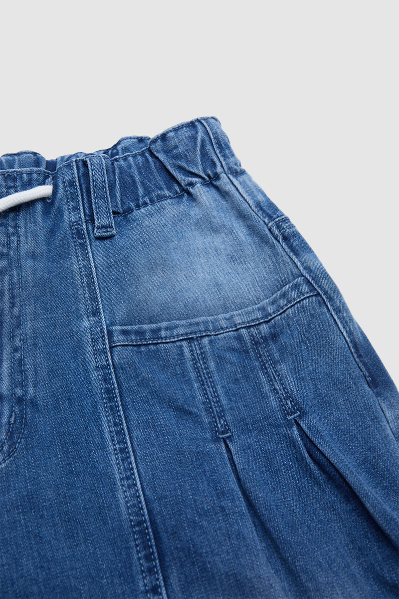 Pleated Drawstring High Waist Barrel Leg Capri Jeans