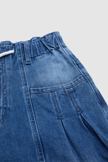 Pleated Drawstring High Waist Barrel Leg Capri Jeans