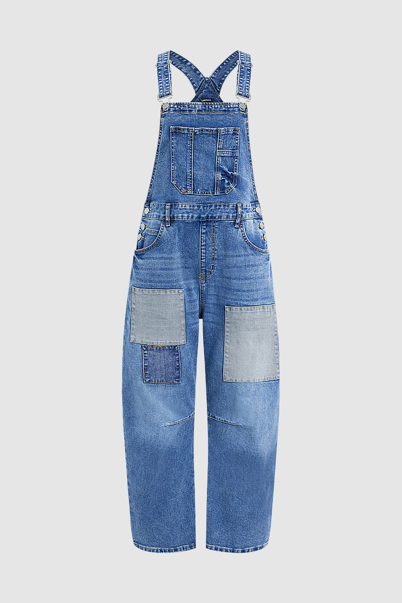 Patched Stitch Detail Barrel Leg Denim Overalls