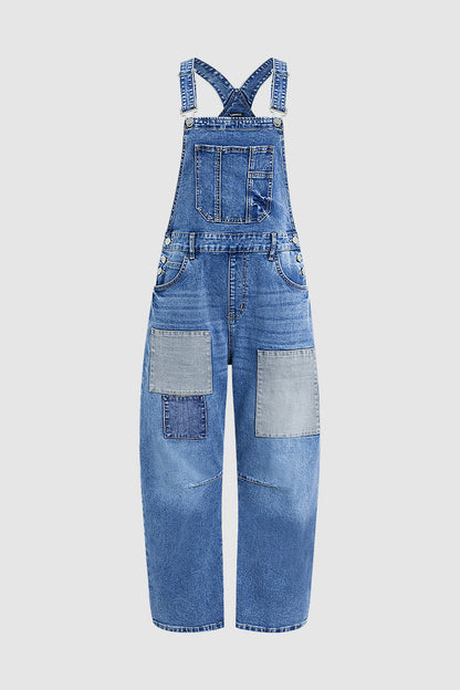 Patched Stitch Detail Barrel Leg Denim Overalls