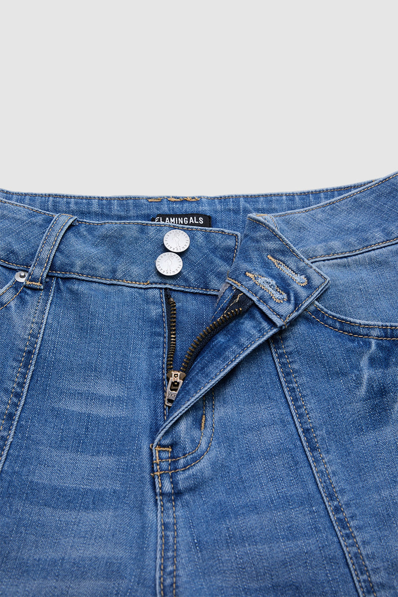 Raw Hem Stitch Detail Mid Waist Denim Cargo Bermuda Shorts
