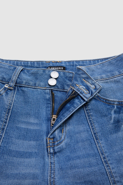 Raw Hem Stitch Detail Mid Waist Denim Cargo Bermuda Shorts