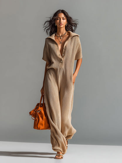 Chic Elegant Camel Lapel Button-Up V-Neck Short-Sleeve Loose-Fit Lantern Pants Ribbed Knit Jumpsuit