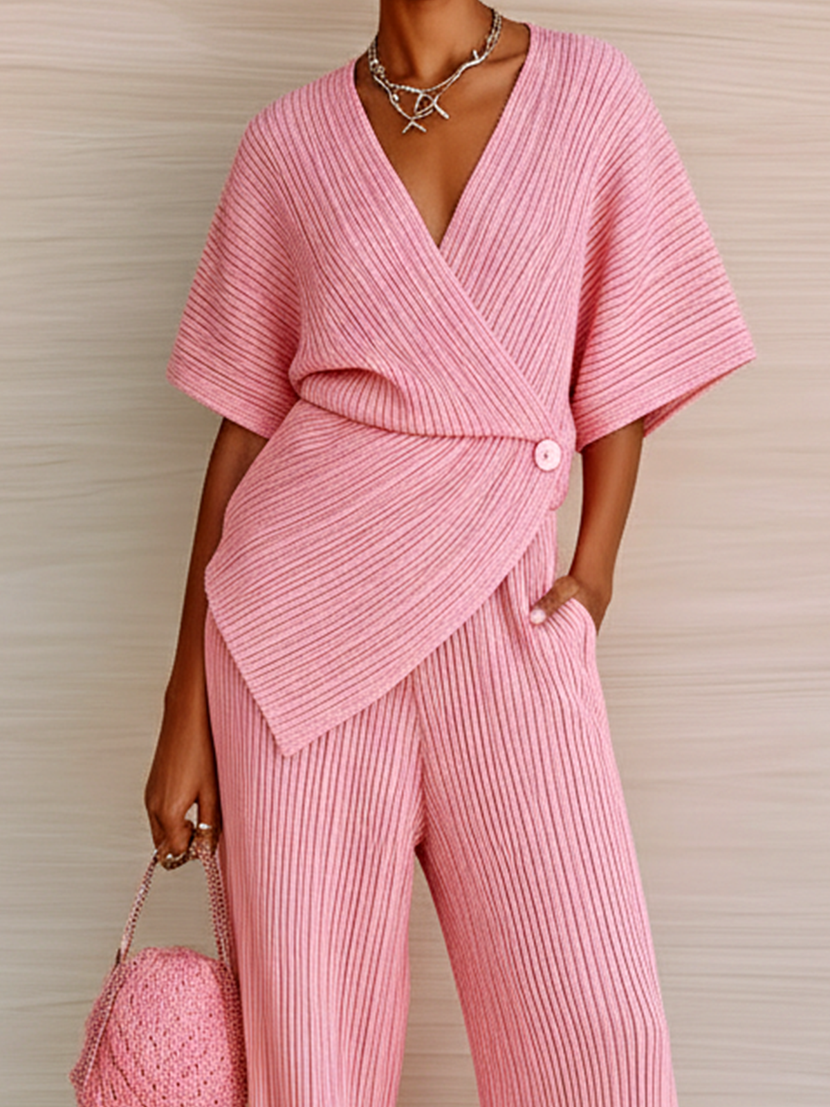 Stylish Elegant Pink V-Neck Short-Sleeve Loose Sweater Wide-Leg Pants Knit Two-Piece Set