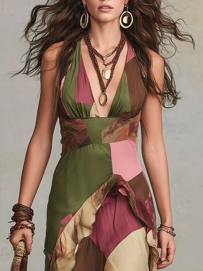 Robe longue bohème à volants, dos nu et patchwork
