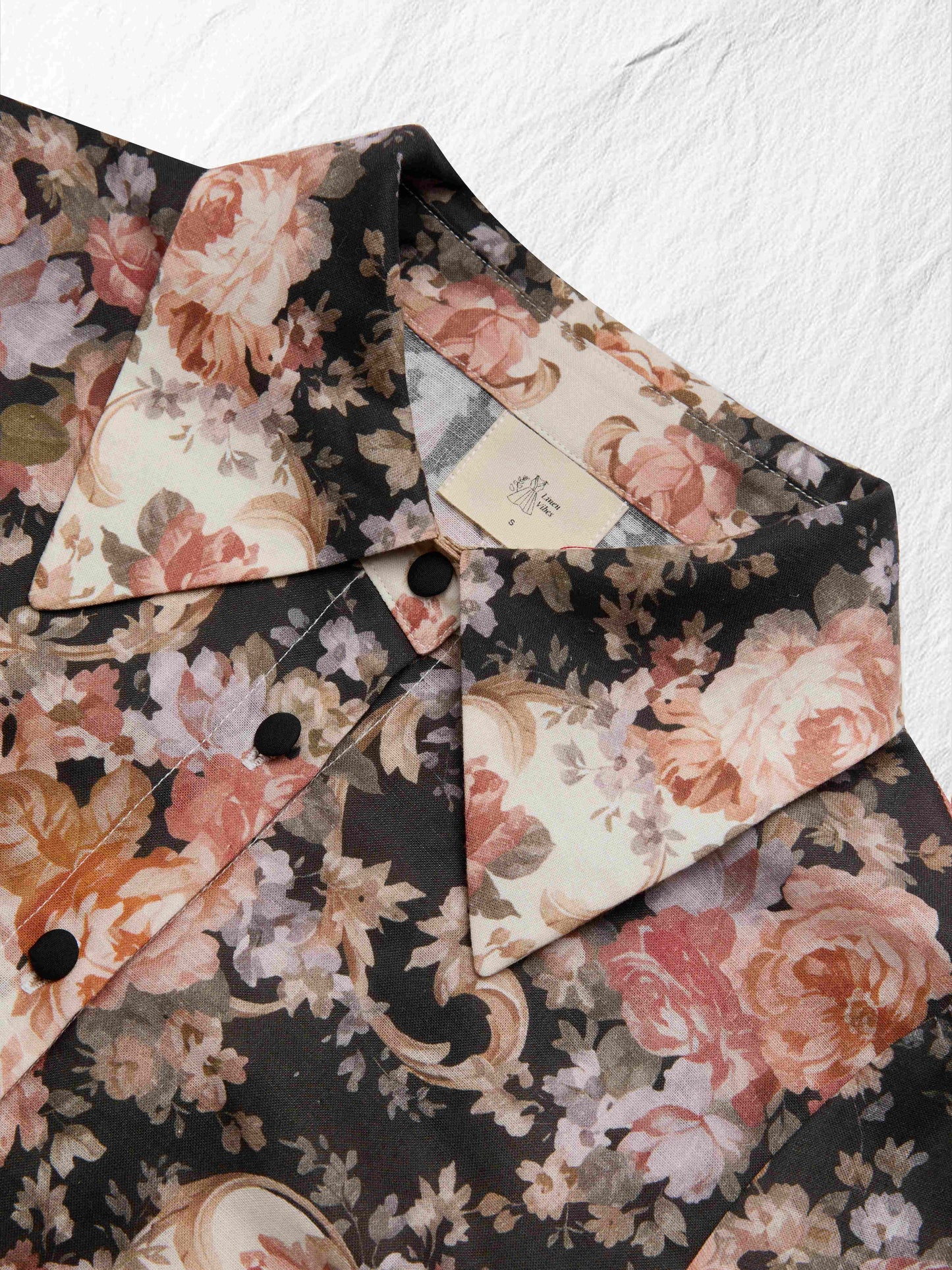 Chemise en coton, Manches longues, Col châle, Florale, Boutons, Vacances, Vintage, Abricot