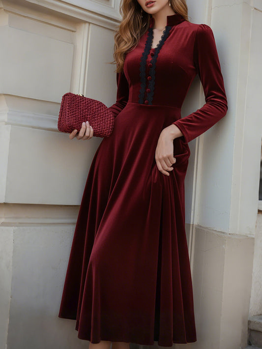 Robe mi-longue en coton, Manches longues, Col montant, Unie, Dentelle, Vintage français, Rouge vin