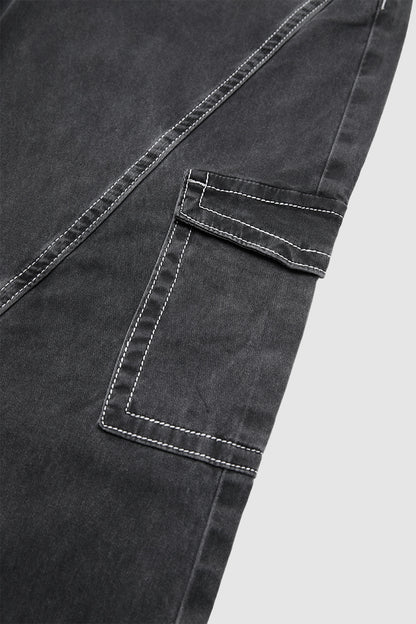 Wash Flap Pocket Seam Detail High Waist Straight Leg Pants Without Belt