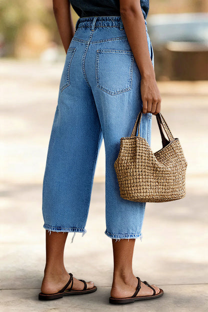 Raw Hem Drawstring Mid Waist Barrel Leg Capri Jeans