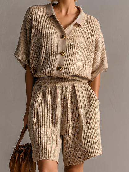 Chic Elegant Camel Lapel Single-Breasted Short-Sleeve Loose-Fit Cardigan Top Oversize Shorts Ribbed Knit Two-Piece Set